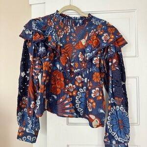 Floral Ruffle Long Sleeve Top - Blue and Orange